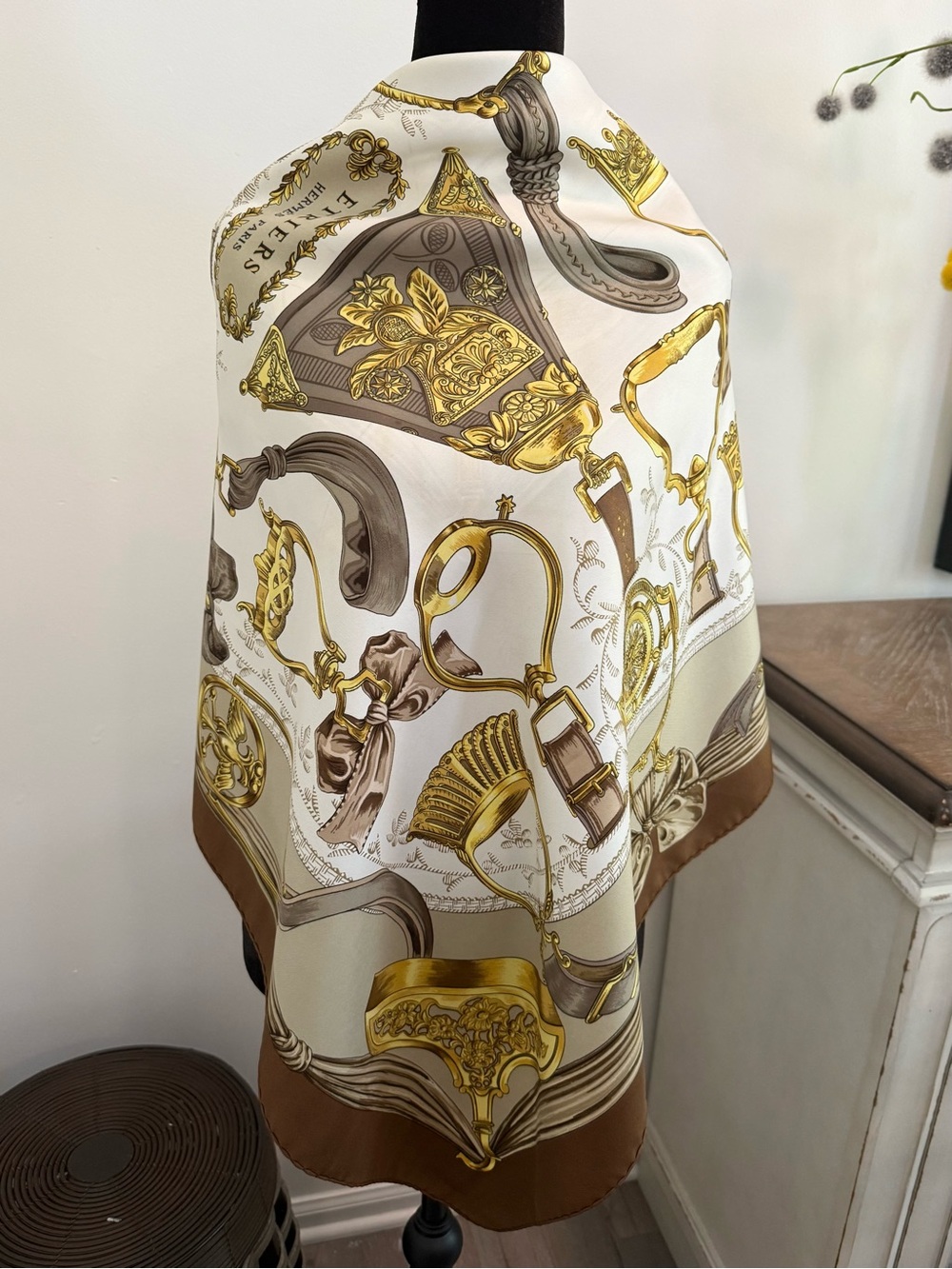 Hermes Silk Scarf Brown Beige Hand Rolled Made in France